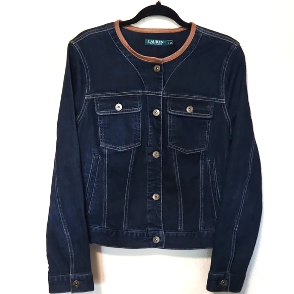 Ralph Lauren Dark Blue Denim Jacket Leather Trim Collar Large - Picture 13 of 13